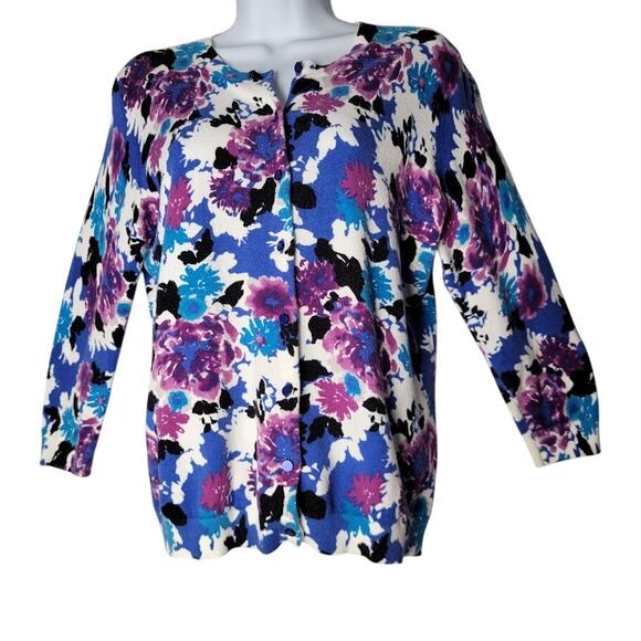 Madison Petite Floral Cardigan Sweater PM Purple Blue Button Front Knit Top - Picture 1 of 9